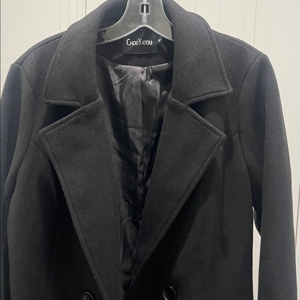 Chou Yatou Double Breasted Wool Blend Black Pea Coat Women’s Sz M with Pocket - Picture 7 of 16